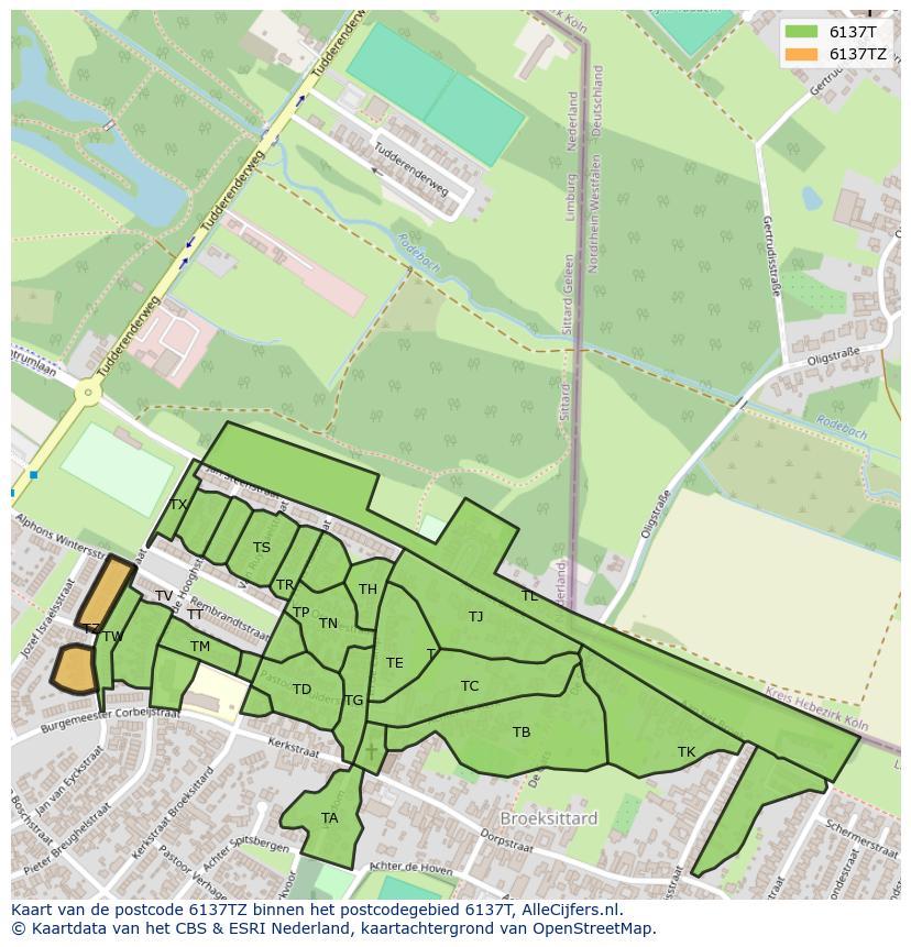 Afbeelding van het postcodegebied 6137 TZ op de kaart.