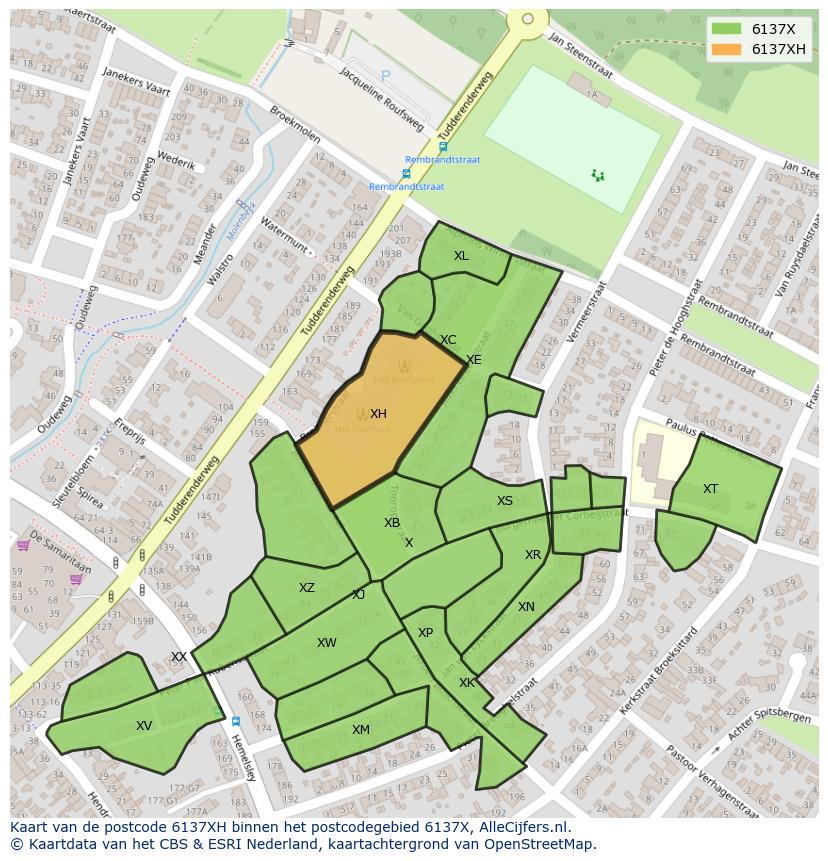 Afbeelding van het postcodegebied 6137 XH op de kaart.
