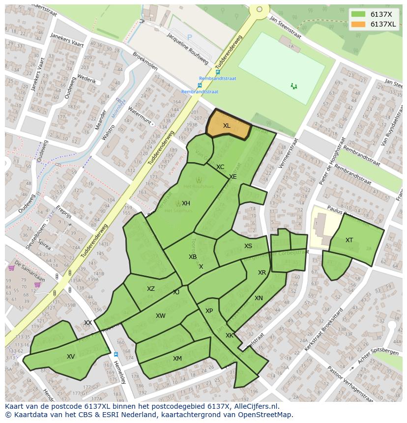 Afbeelding van het postcodegebied 6137 XL op de kaart.