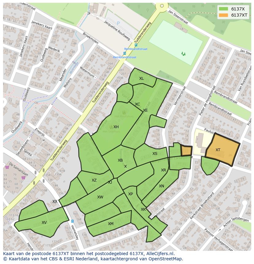 Afbeelding van het postcodegebied 6137 XT op de kaart.