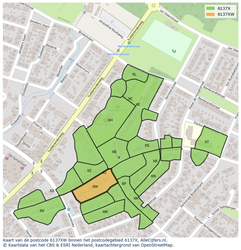 Afbeelding van het postcodegebied 6137 XW op de kaart.