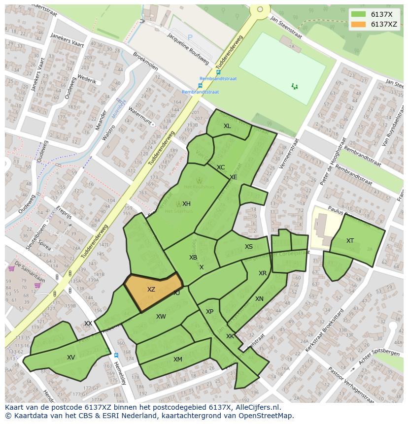 Afbeelding van het postcodegebied 6137 XZ op de kaart.