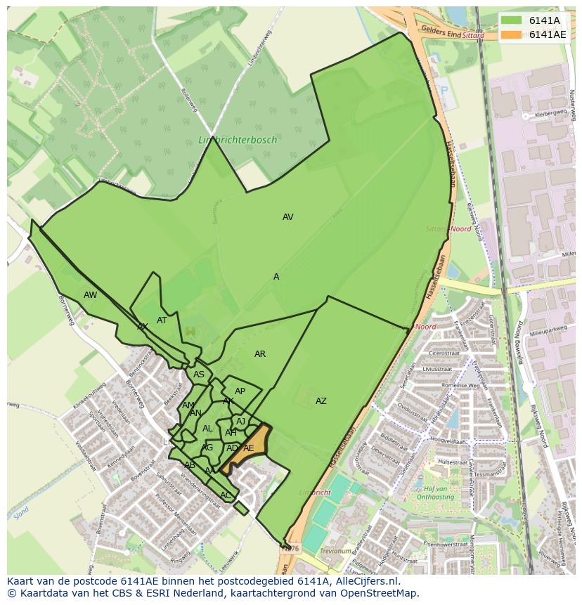 Afbeelding van het postcodegebied 6141 AE op de kaart.