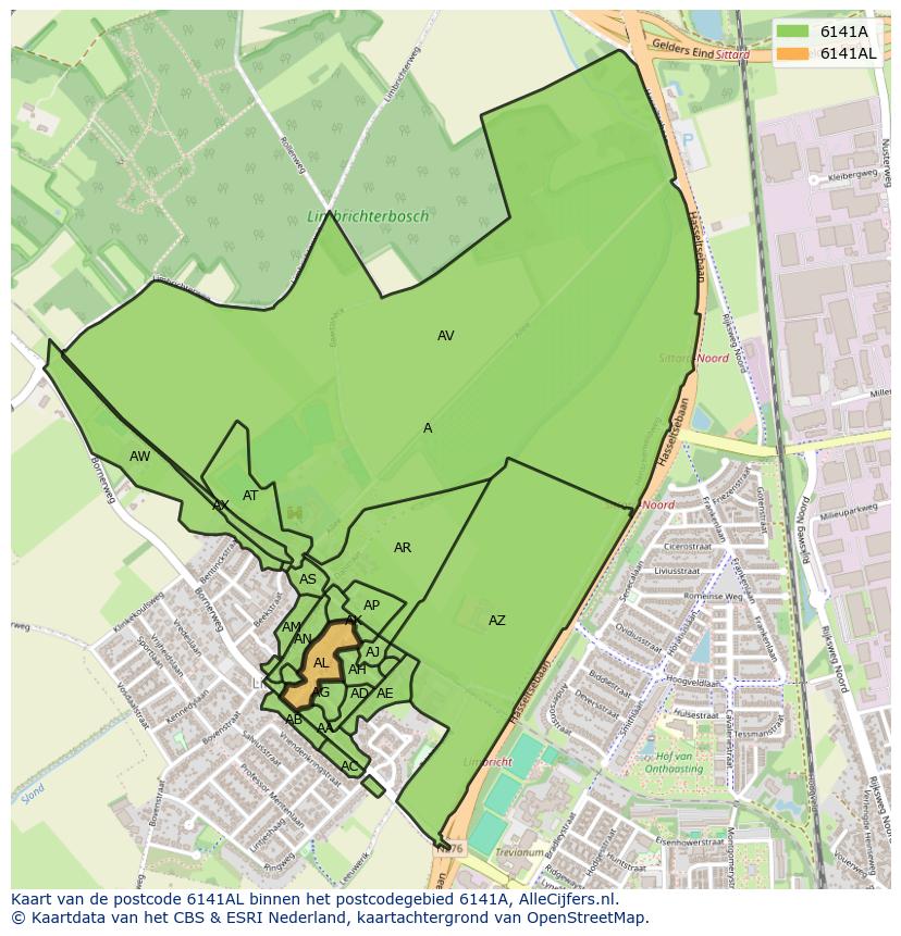 Afbeelding van het postcodegebied 6141 AL op de kaart.