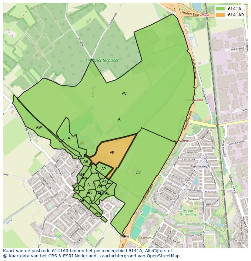 Afbeelding van het postcodegebied 6141 AR op de kaart.