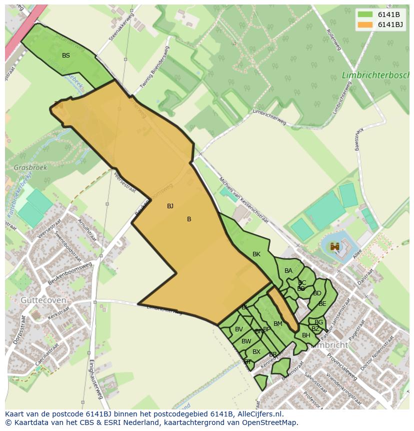 Afbeelding van het postcodegebied 6141 BJ op de kaart.