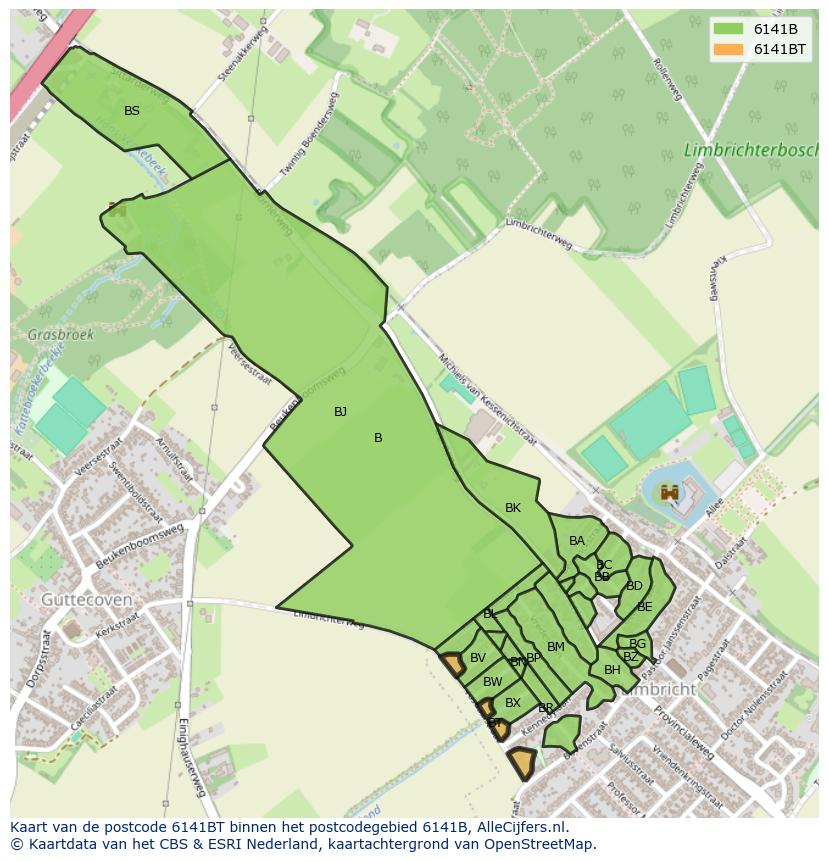 Afbeelding van het postcodegebied 6141 BT op de kaart.