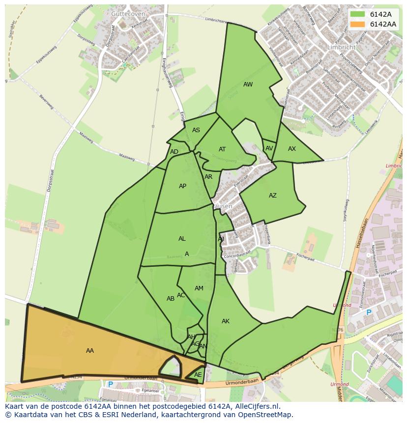 Afbeelding van het postcodegebied 6142 AA op de kaart.