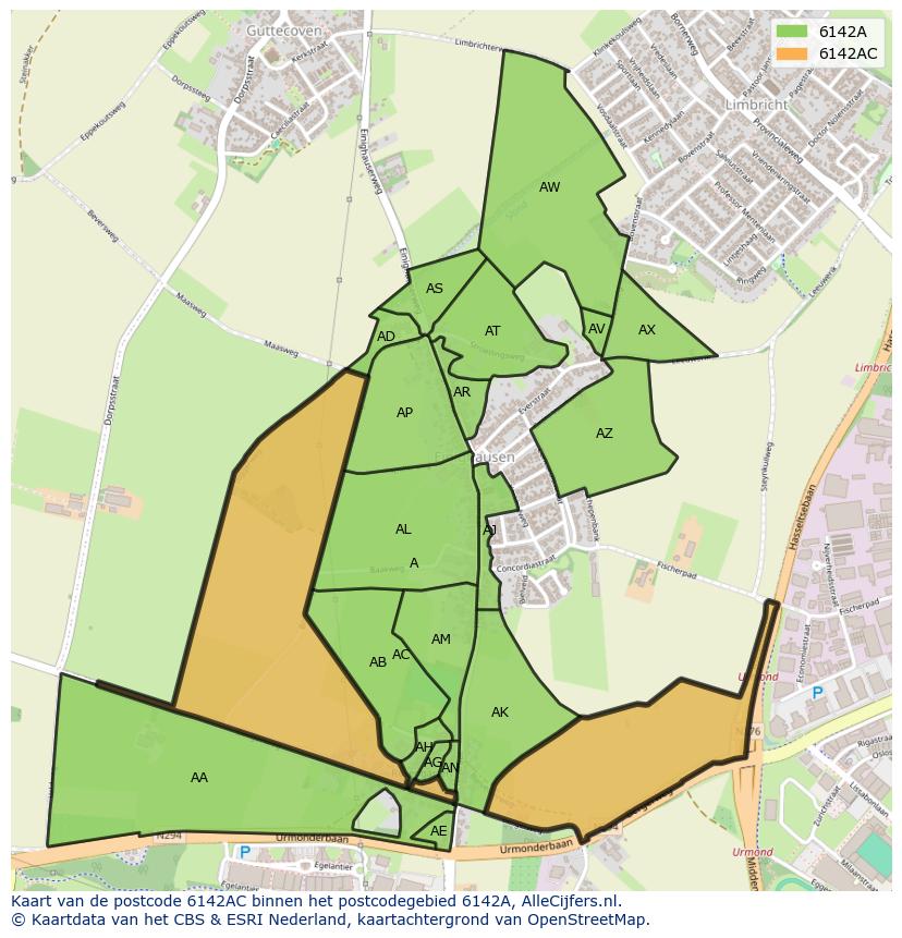 Afbeelding van het postcodegebied 6142 AC op de kaart.