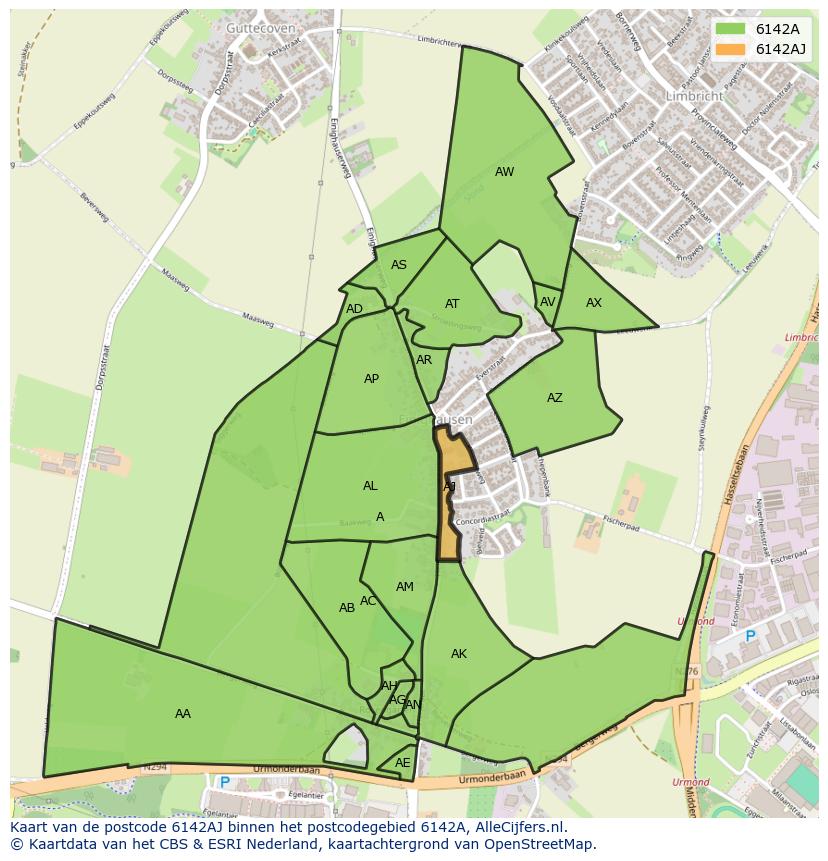 Afbeelding van het postcodegebied 6142 AJ op de kaart.