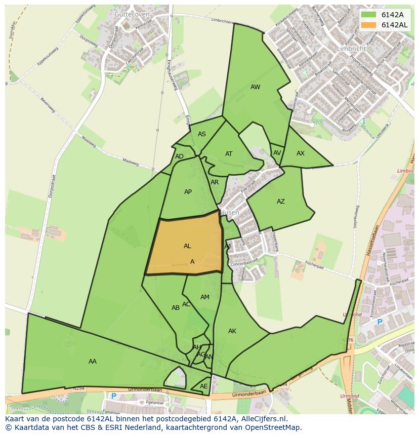 Afbeelding van het postcodegebied 6142 AL op de kaart.