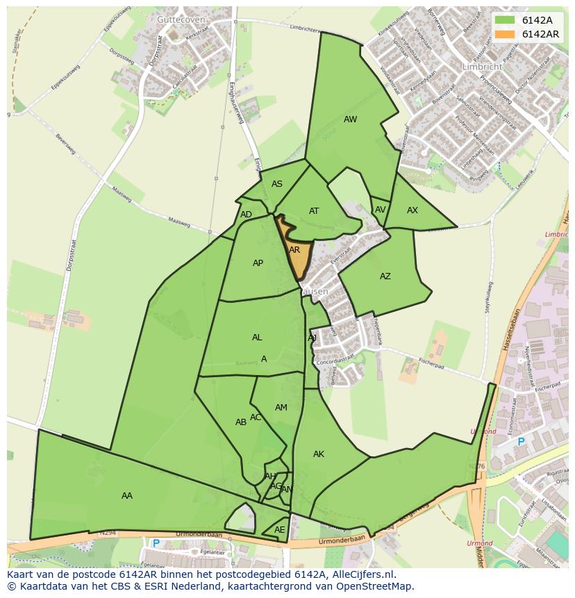 Afbeelding van het postcodegebied 6142 AR op de kaart.