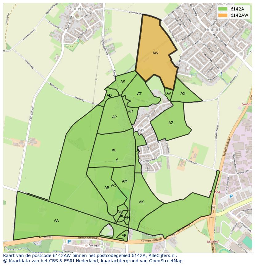 Afbeelding van het postcodegebied 6142 AW op de kaart.