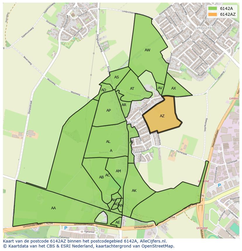 Afbeelding van het postcodegebied 6142 AZ op de kaart.