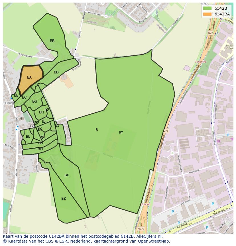 Afbeelding van het postcodegebied 6142 BA op de kaart.