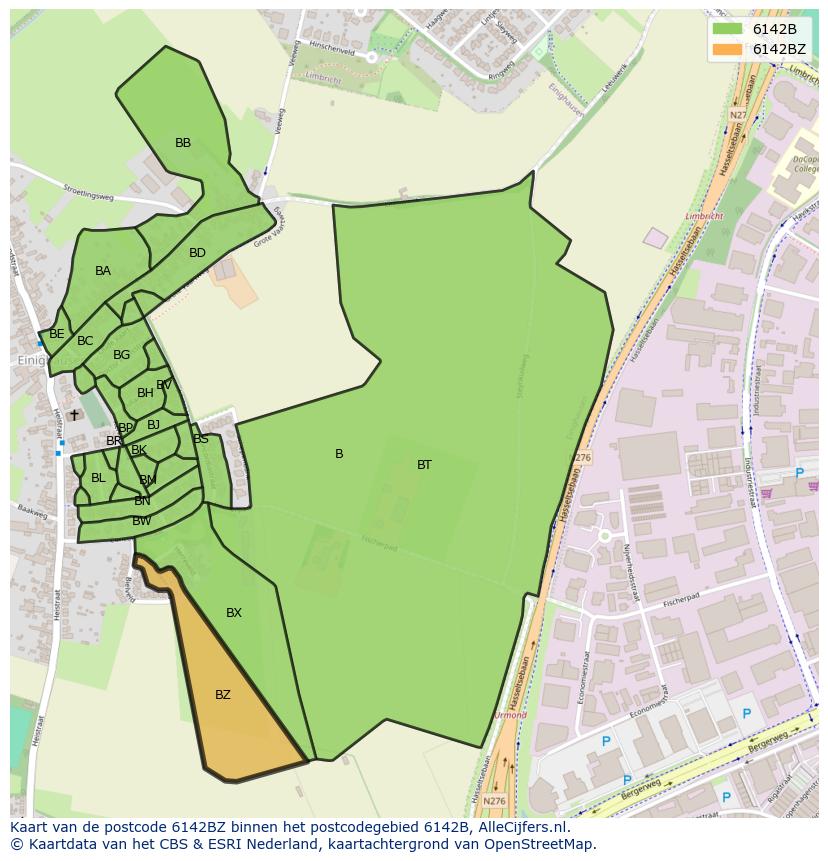 Afbeelding van het postcodegebied 6142 BZ op de kaart.
