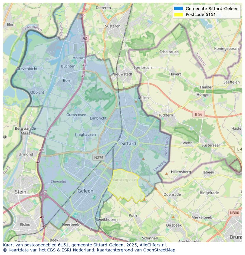 Afbeelding van het postcodegebied 6151 op de kaart.