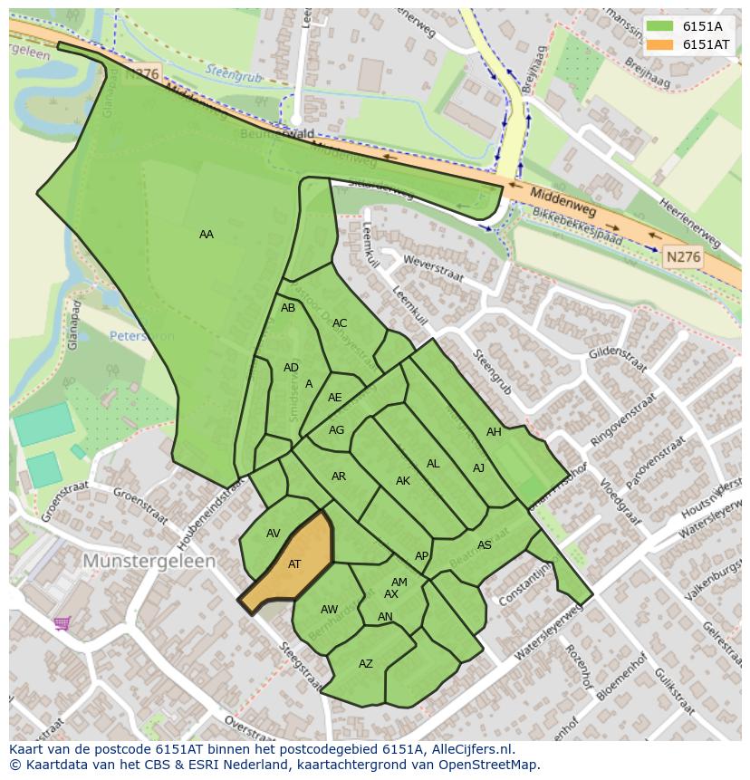 Afbeelding van het postcodegebied 6151 AT op de kaart.