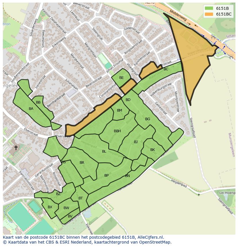 Afbeelding van het postcodegebied 6151 BC op de kaart.