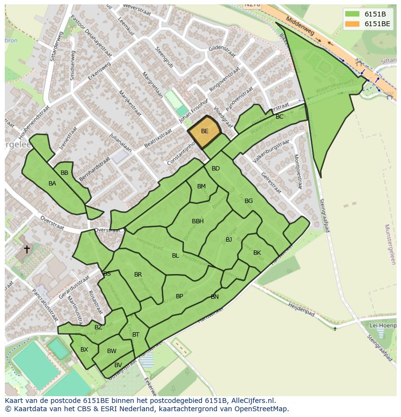 Afbeelding van het postcodegebied 6151 BE op de kaart.