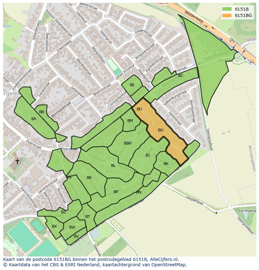 Afbeelding van het postcodegebied 6151 BG op de kaart.