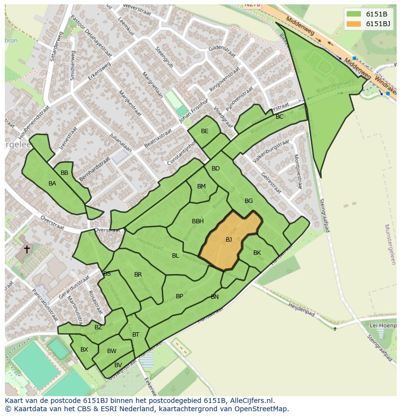 Afbeelding van het postcodegebied 6151 BJ op de kaart.