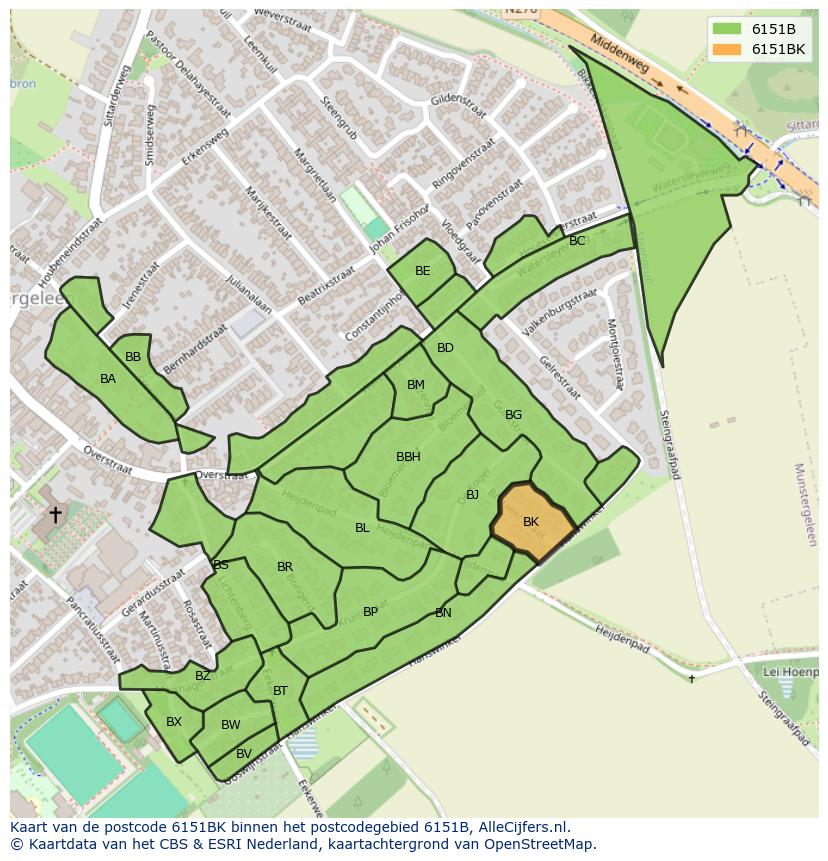 Afbeelding van het postcodegebied 6151 BK op de kaart.
