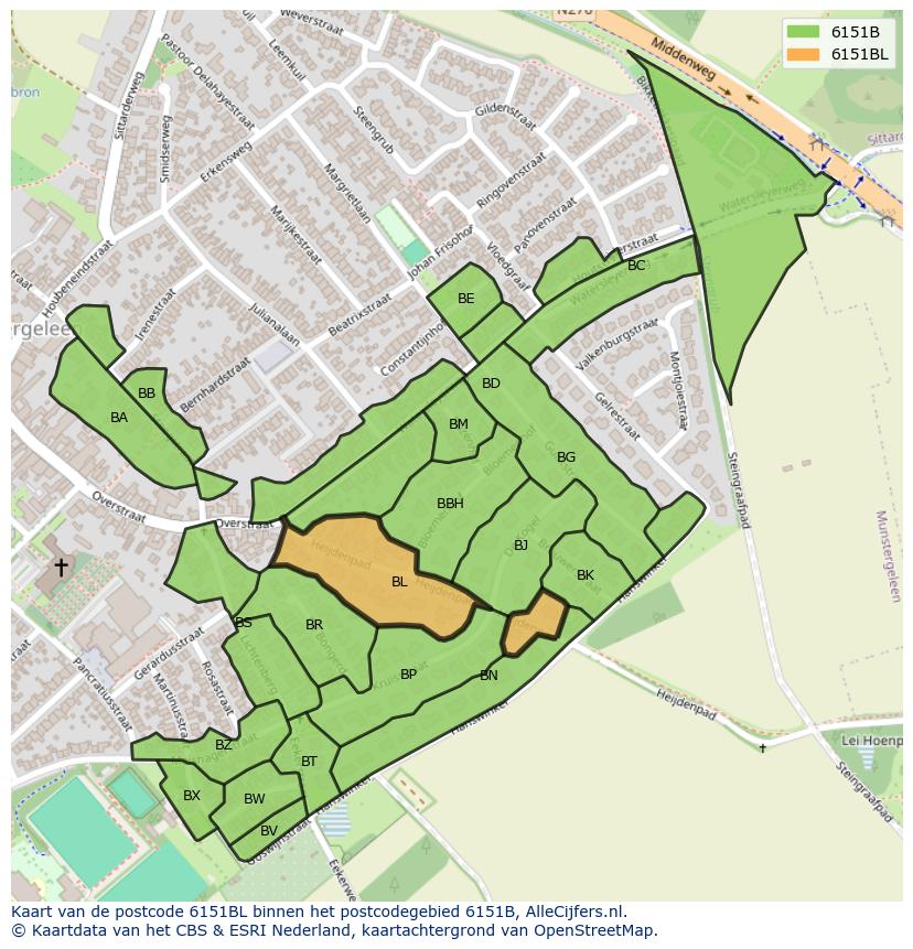 Afbeelding van het postcodegebied 6151 BL op de kaart.