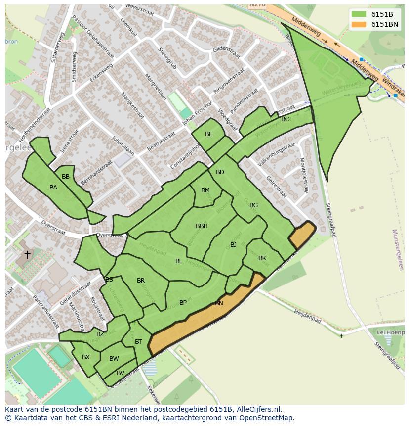 Afbeelding van het postcodegebied 6151 BN op de kaart.
