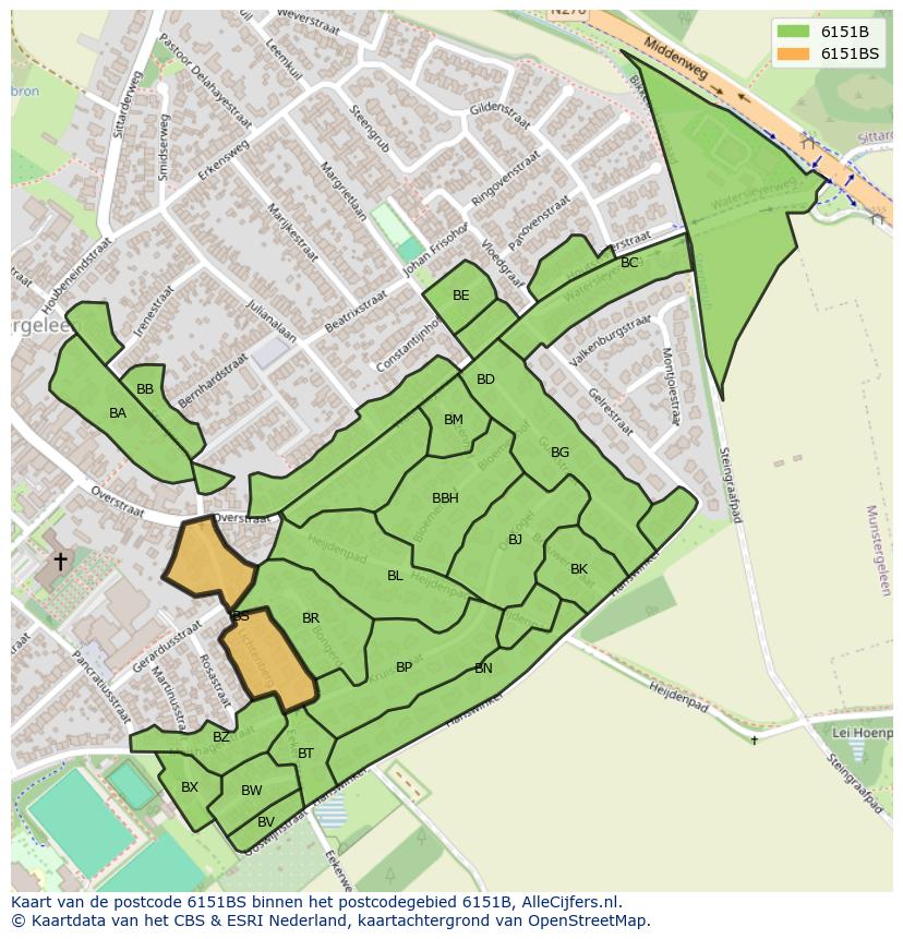 Afbeelding van het postcodegebied 6151 BS op de kaart.
