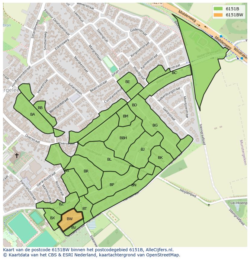 Afbeelding van het postcodegebied 6151 BW op de kaart.