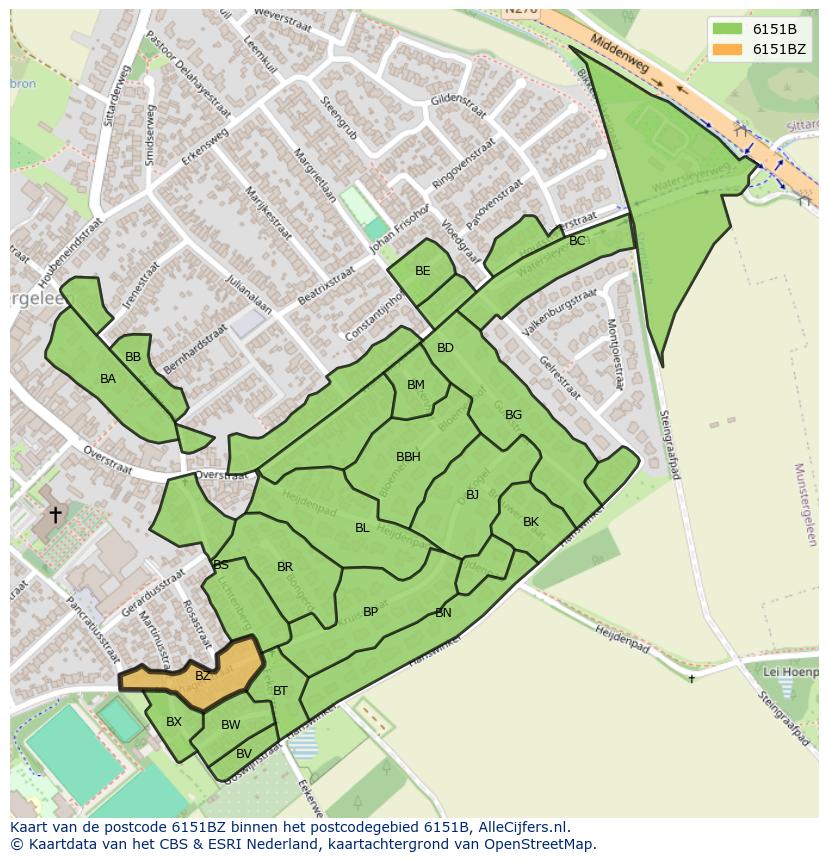 Afbeelding van het postcodegebied 6151 BZ op de kaart.