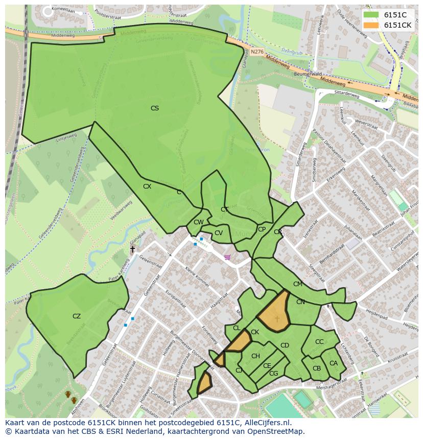 Afbeelding van het postcodegebied 6151 CK op de kaart.