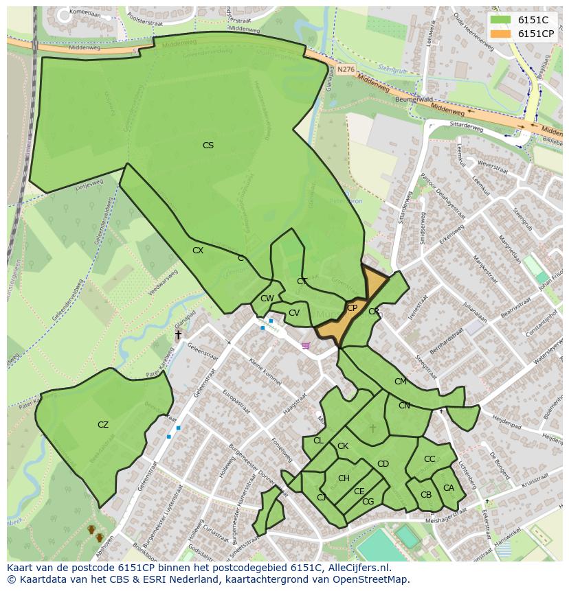 Afbeelding van het postcodegebied 6151 CP op de kaart.
