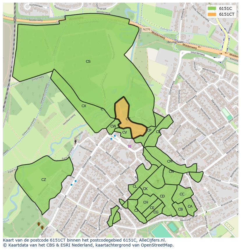 Afbeelding van het postcodegebied 6151 CT op de kaart.