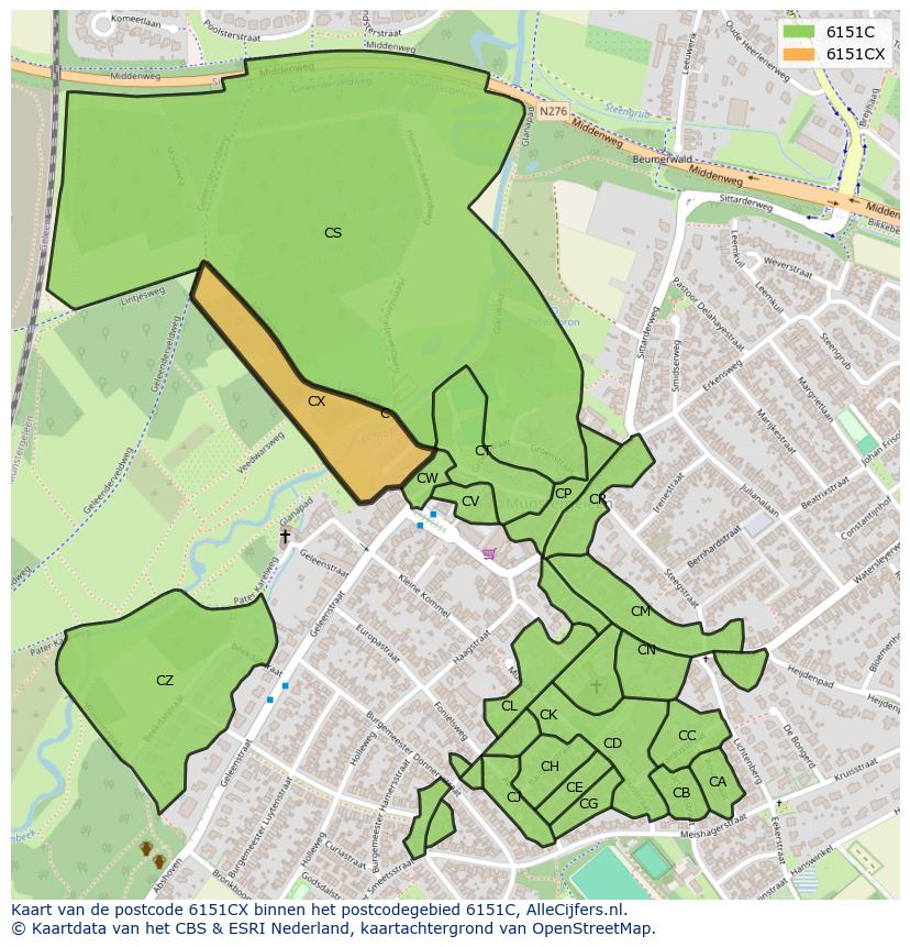 Afbeelding van het postcodegebied 6151 CX op de kaart.