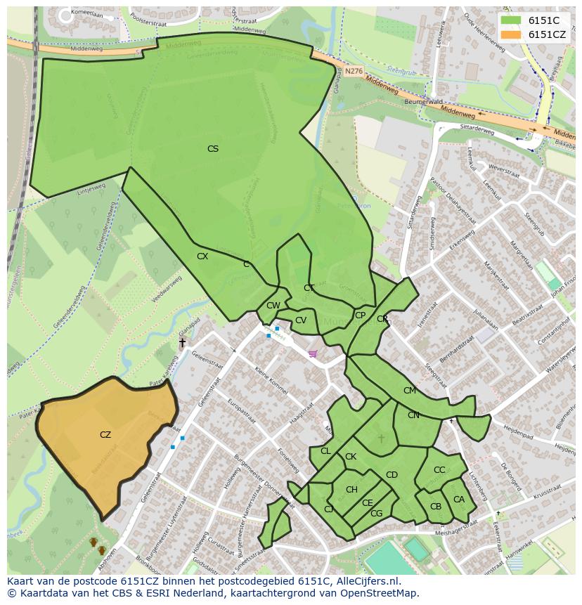 Afbeelding van het postcodegebied 6151 CZ op de kaart.