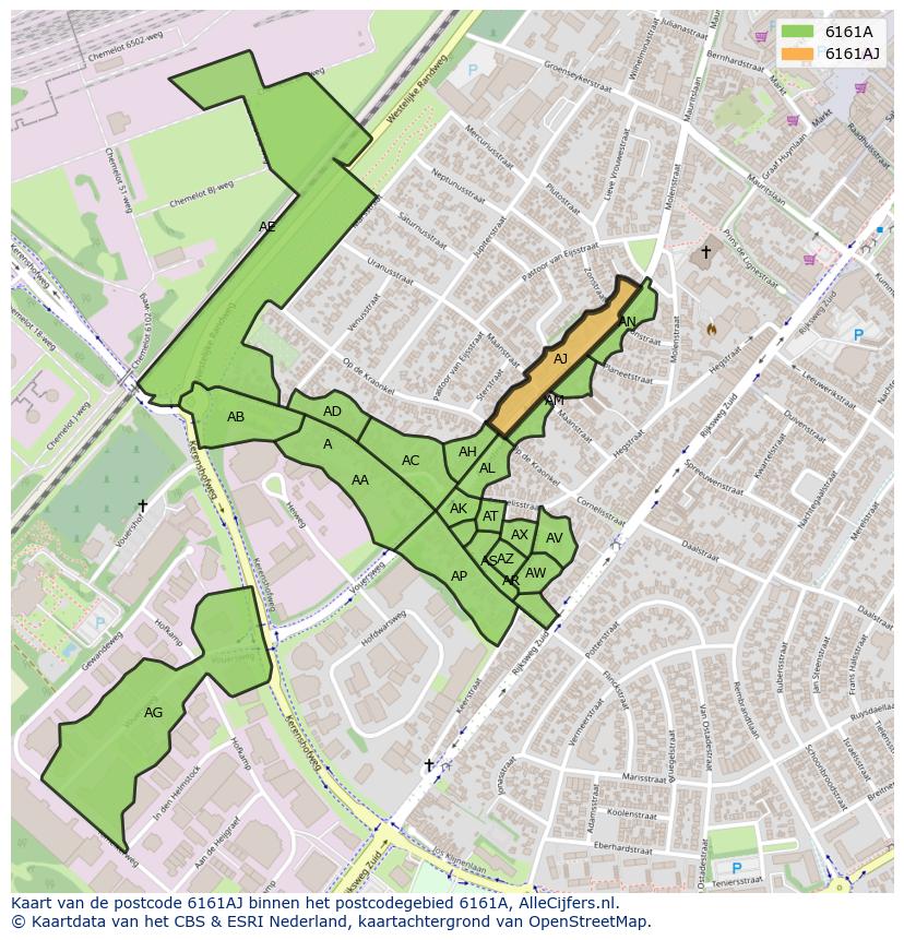 Afbeelding van het postcodegebied 6161 AJ op de kaart.
