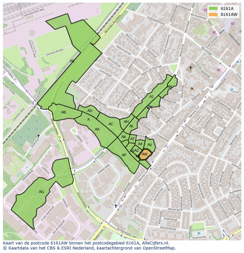 Afbeelding van het postcodegebied 6161 AW op de kaart.