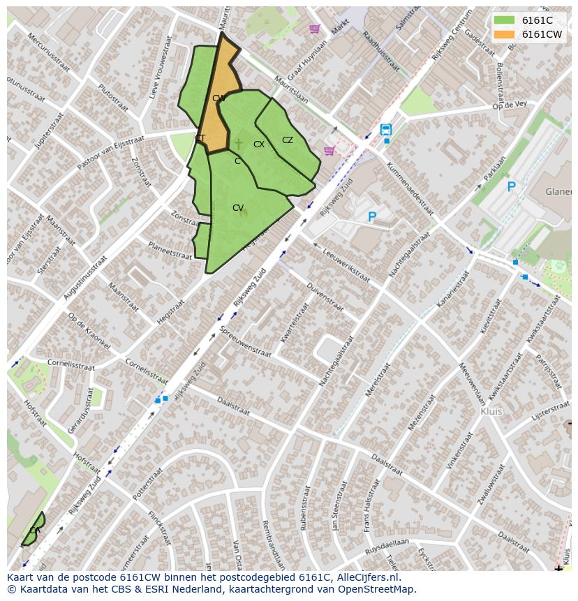 Afbeelding van het postcodegebied 6161 CW op de kaart.