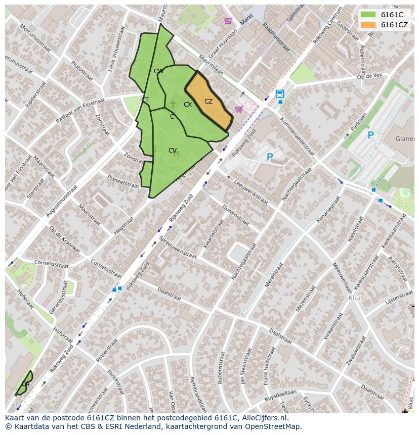Afbeelding van het postcodegebied 6161 CZ op de kaart.