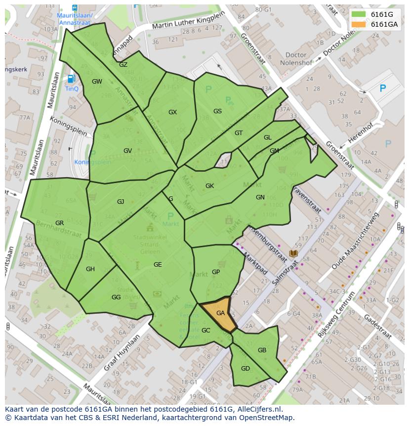 Afbeelding van het postcodegebied 6161 GA op de kaart.