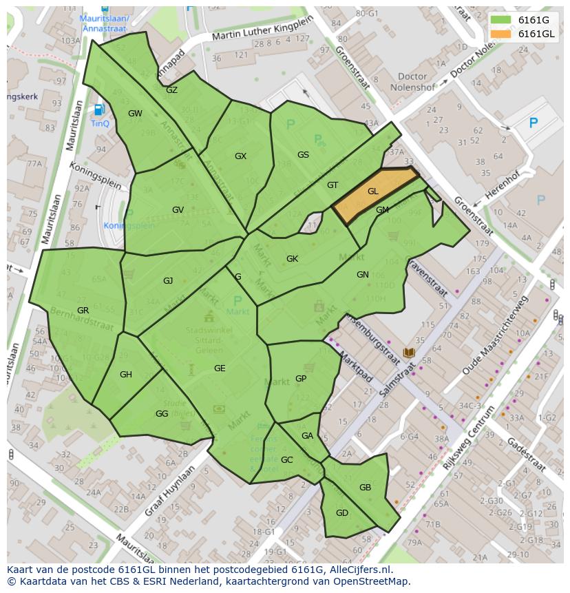 Afbeelding van het postcodegebied 6161 GL op de kaart.