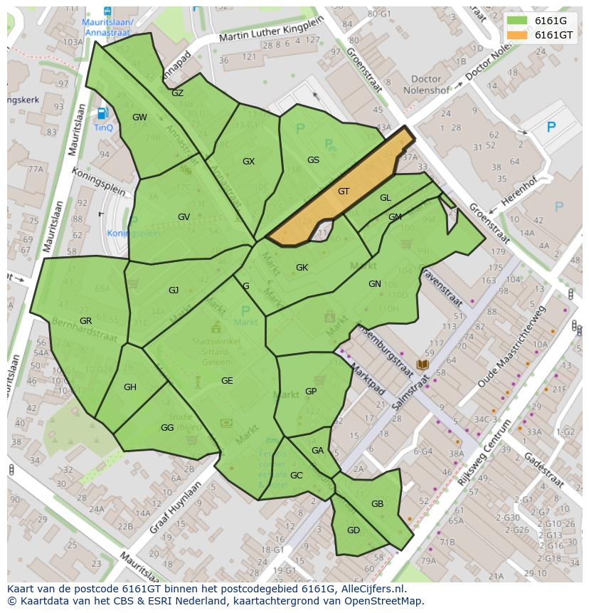 Afbeelding van het postcodegebied 6161 GT op de kaart.
