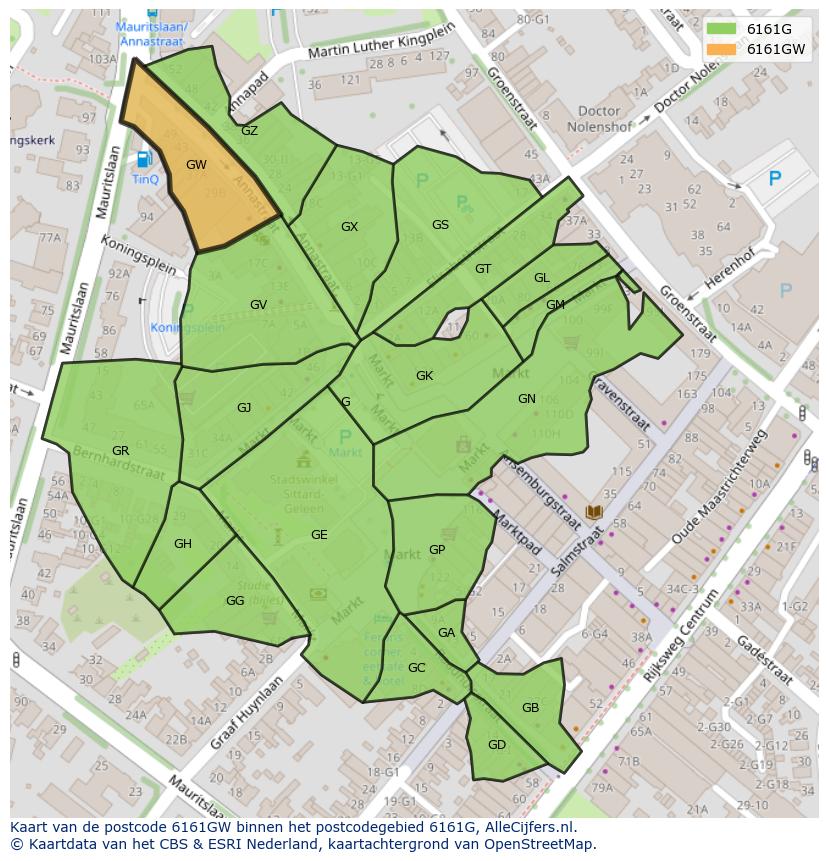Afbeelding van het postcodegebied 6161 GW op de kaart.