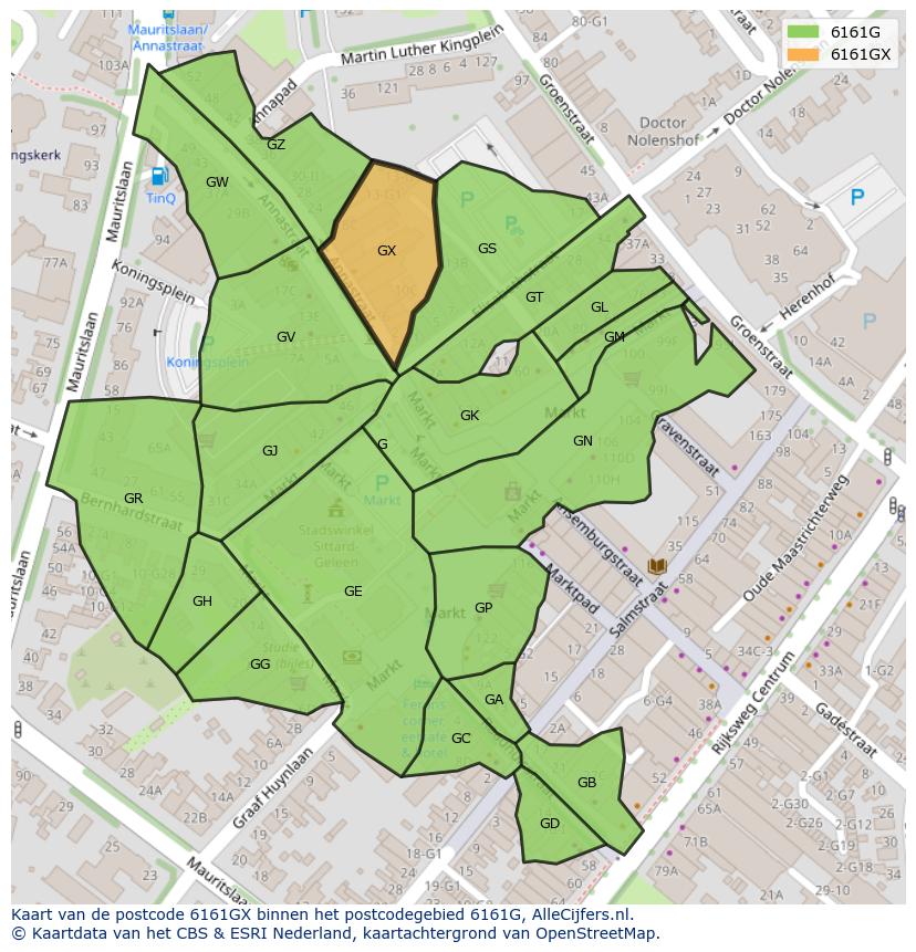 Afbeelding van het postcodegebied 6161 GX op de kaart.