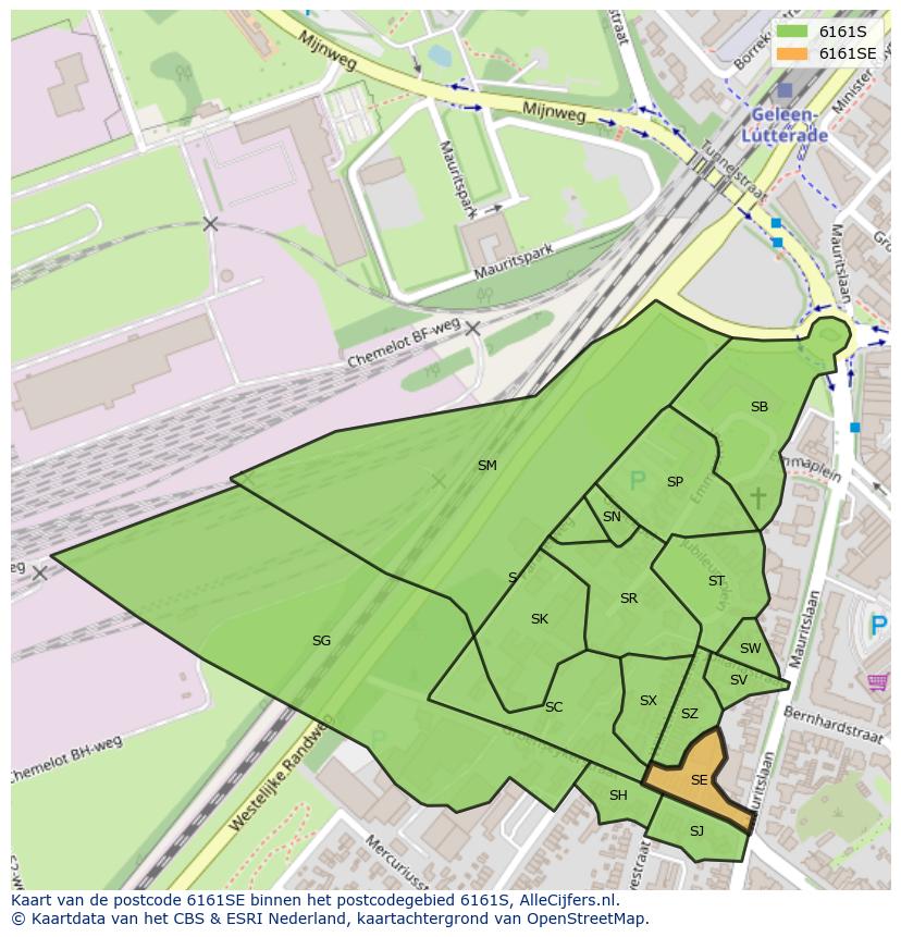 Afbeelding van het postcodegebied 6161 SE op de kaart.