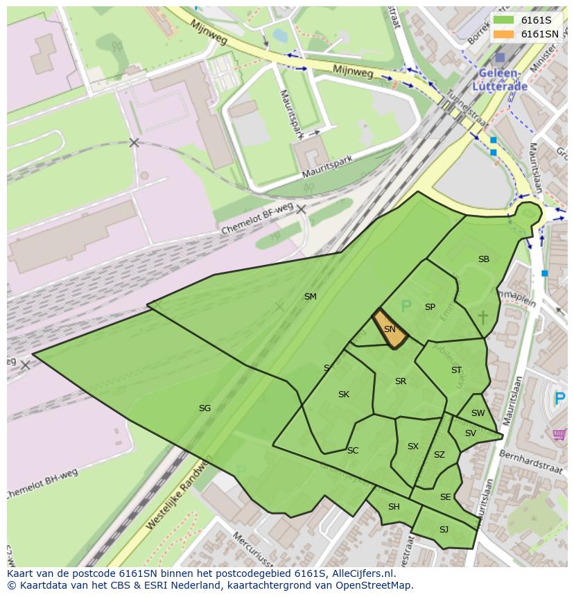 Afbeelding van het postcodegebied 6161 SN op de kaart.