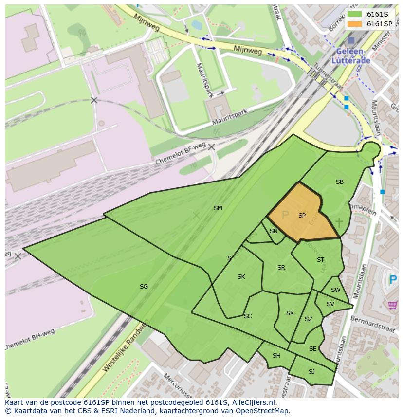 Afbeelding van het postcodegebied 6161 SP op de kaart.