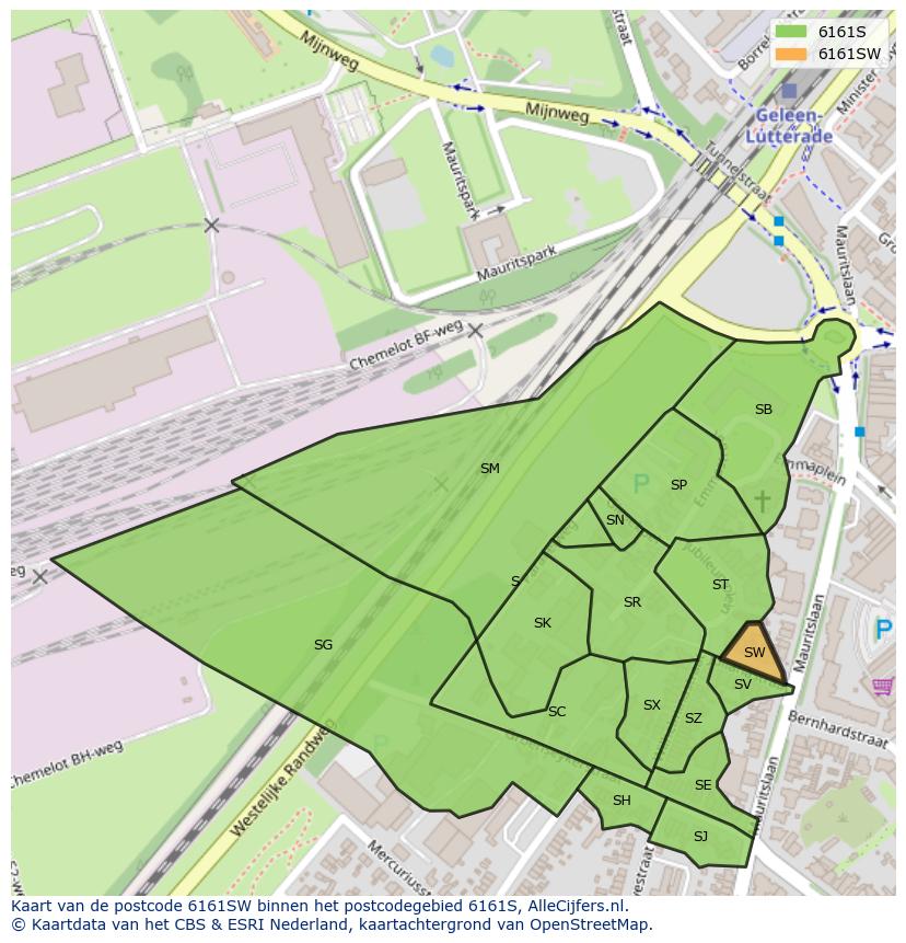 Afbeelding van het postcodegebied 6161 SW op de kaart.